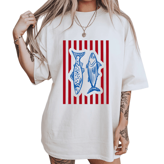 UNISHE Women's white Soft Minimal Retro Striped Ocean Fish Graphic Short Sleeve T-Shirts Tops