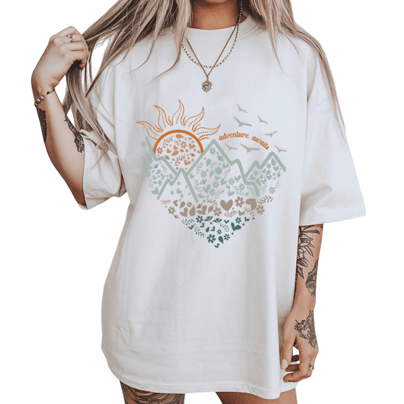 UNISHE Womens Adventure Awaits Floral Mountain Graphic Short Sleeve Crewneck T-Shirt S-5XL White Tops