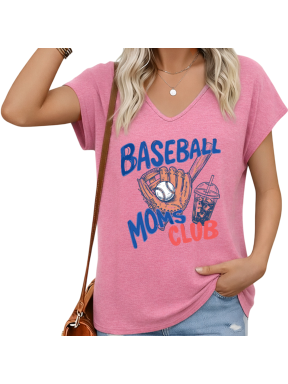 Womens Baseball Moms Club Print V Neck Top Casual Summer Short Sleeve Tee