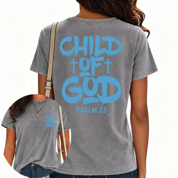UNISHE Womens Bible Verse Psalm 23 Print Tops Acid Wash Faith Cross Graphic Tees Short Sleeve Casual T-Shirts Gray, L
