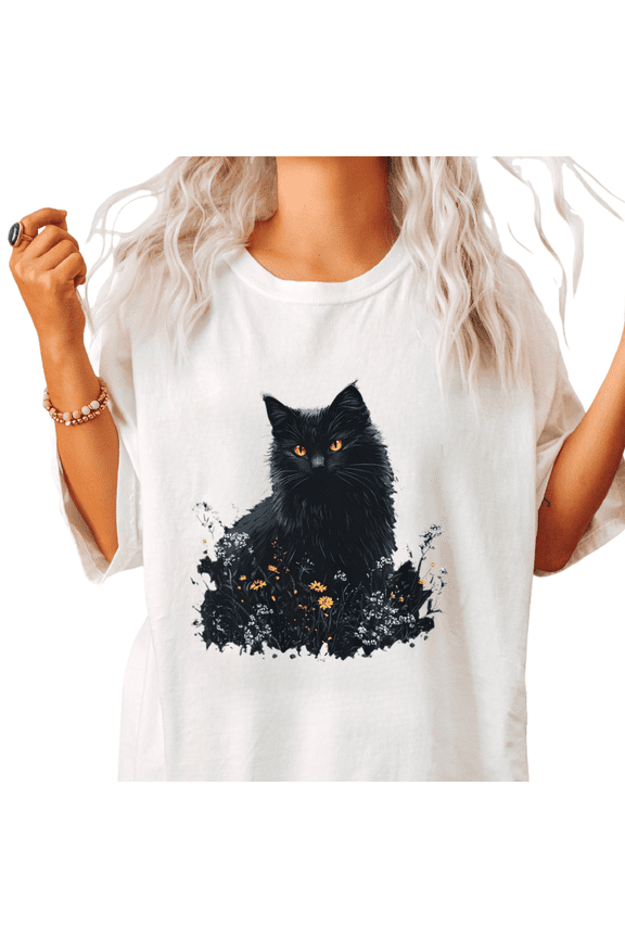 Womens Black Cat and Wildflower Graphic Short Sleeve Crewneck T-Shirt S-5XL White Tops