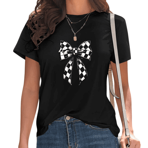 UNISHE Womens Black and White Checkered Racing Ribbon Tee Retro Alternative Streetwear Top Black, S