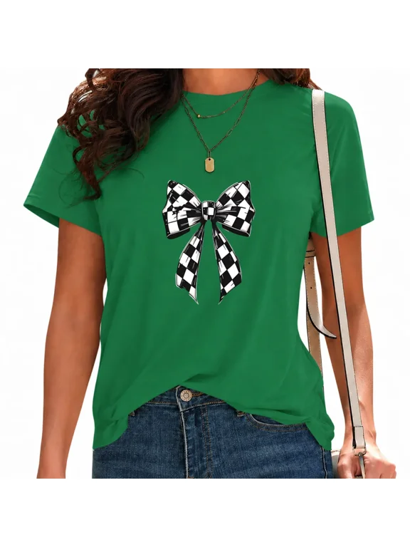 Womens Black and White Checkered Racing Ribbon Tee Retro Alternative Streetwear Top Green, S