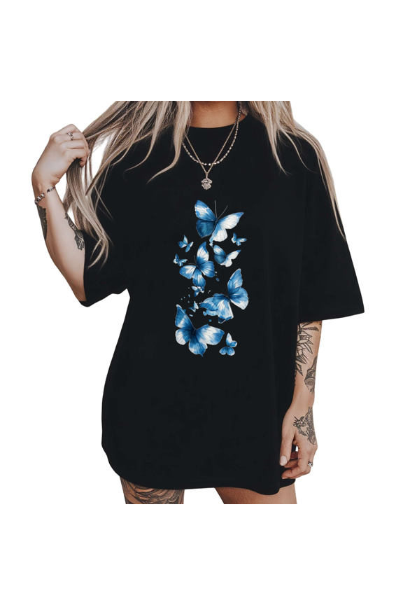 Womens Blue And White Watercolor Butterfly Swarm Graphic Short Sleeve T-Shirt S-5XL Black Tops