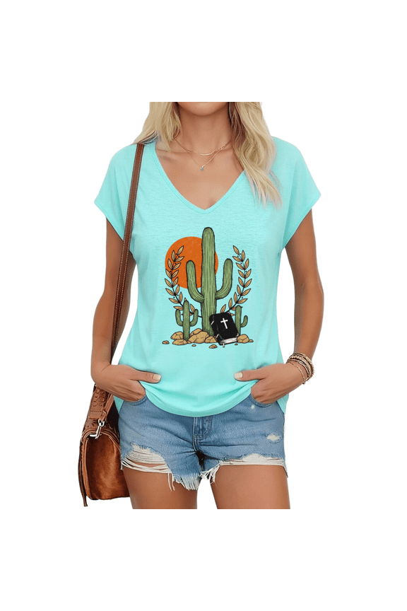 Womens Blue Desert Cactus Cross Faith Print V Neck Short Sleeve T-Shirt Suburb Open Market Daily Outfit S-5XL Tops