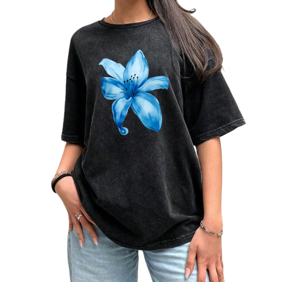 UNISHE Womens Blue Lily Flower Vintage Washed T-Shirt Black Short Sleeve Loose Fit S-2XL Tops