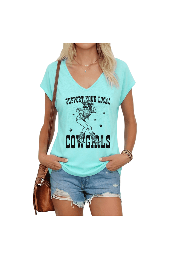 Womens Blue Support Your Local Cowgirls Print V Neck Short Sleeve T-Shirt Western Street Vibe S-5XL Tops