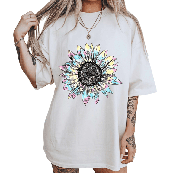 UNISHE Womens Boho Pastel Sunflower Graphic Short Sleeve T-Shirt S-5XL White Tops