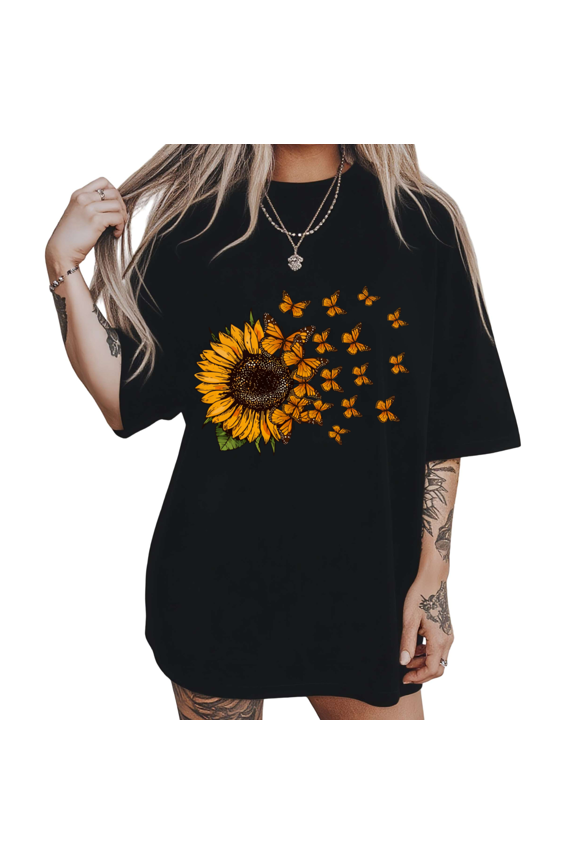 Womens Boho Sunflower And Butterflies Art Graphic Short Sleeve T-Shirt S-5XL Black Tops