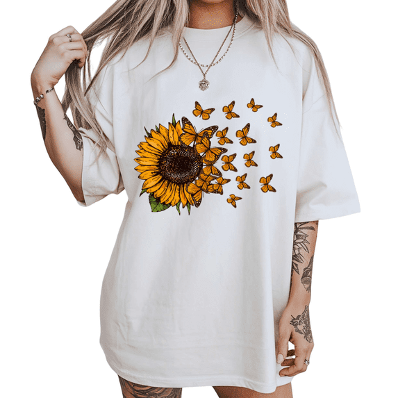 UNISHE Womens Boho Sunflower And Butterflies Art Graphic Short Sleeve T-Shirt S-5XL White Tops