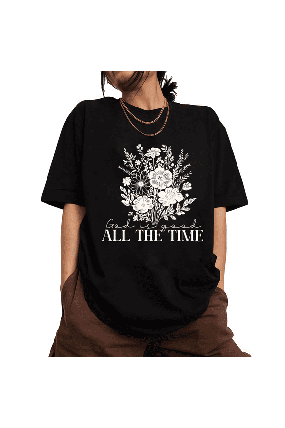 Womens Boho Wildflower God Is Good Religious Crewneck T-Shirt S-5XL Black Tops
