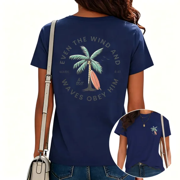 UNISHE Womens Casual Scripture Verse Graphic T-Shirt Be Still Ocean Surf Crewneck Tee Navy, M