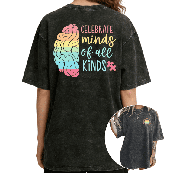UNISHE Womens Celebrate Minds Of All Kinds Rainbow Brain Vintage Washed T-Shirt Black S-5XL Tops