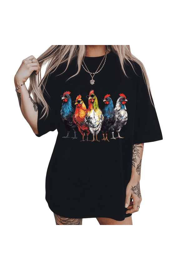 Womens Colorful Funny Chicken Crew Graphic Short Sleeve Crewneck T-Shirt S-5XL Black Tops