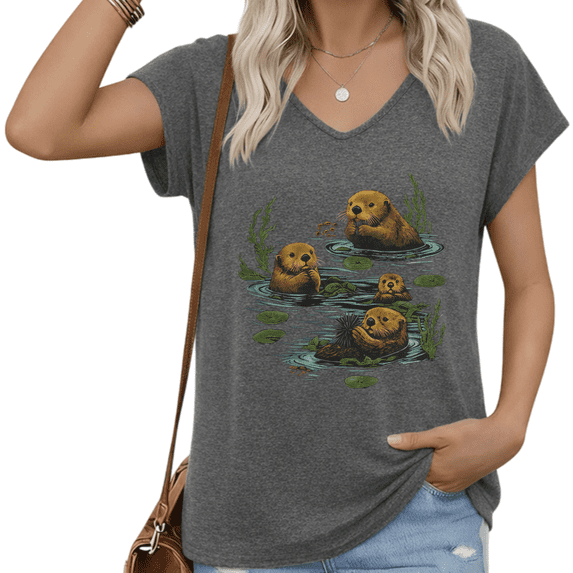 UNISHE Womens Colorful Otter Nature Print V Neck Top Casual Summer Short Sleeve Tee