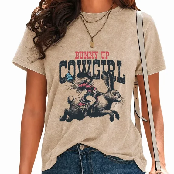 UNISHE Womens Cowgirl Graphic Tees Vintage Acid Wash Easter Western Print T-Shirts Short Sleeve Casual Tops Brown, 2XL