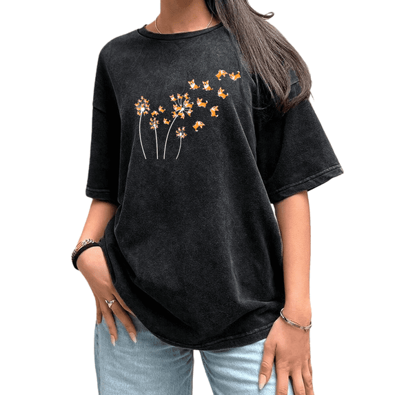 UNISHE Womens Dandelion Corgi Graphic Vintage Washed T-Shirt Short Sleeve Oversized Fit Black S-5XL Tops