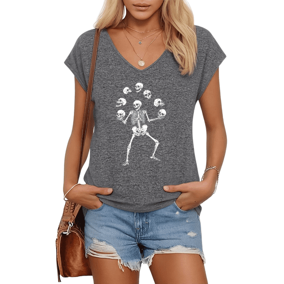 UNISHE Womens Dark Gray Juggling Skeleton Print V Neck Short Sleeve T-Shirt Fun Casual Daily S-5XL Tops