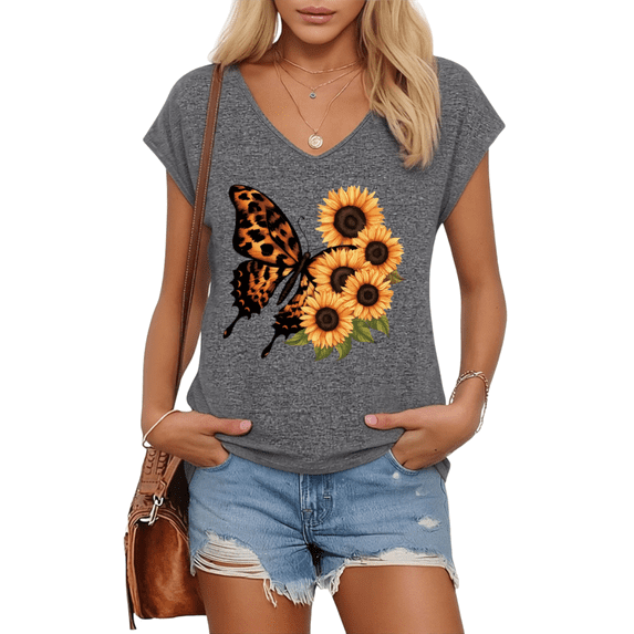 UNISHE Womens Dark Gray Leopard Butterfly Sunflower Print V Neck Short Sleeve T-Shirt Wild Floral Casual S-5XL Tops