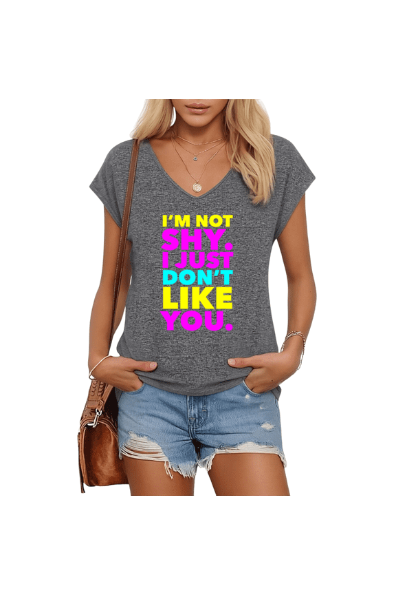 Womens Dark Gray Neon Multi Color Bold Funny Quote Print V Neck Short Sleeve T-Shirt Bright Pop Culture Market Daily Outfit S-5XL Tops