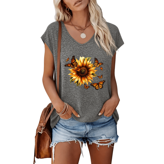 UNISHE Womens Dark Gray Sunflower Monarch Butterfly Print V Neck Short Sleeve T-Shirt Bright Floral Casual S-5XL Tops