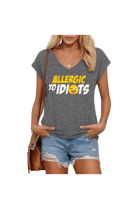 Womens Dark Gray Two Tone Bold Font Funny Emoji Quote Print V Neck Short Sleeve T-Shirt Humor Pop Market Daily Outfit S-5XL Tops