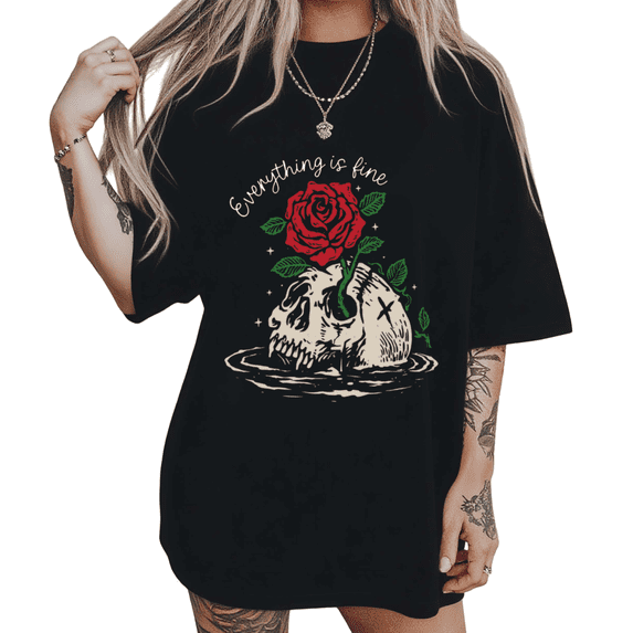 UNISHE Womens Dark Humor Skull With Red Rose Graphic Short Sleeve T-Shirt S-5XL Black Tops