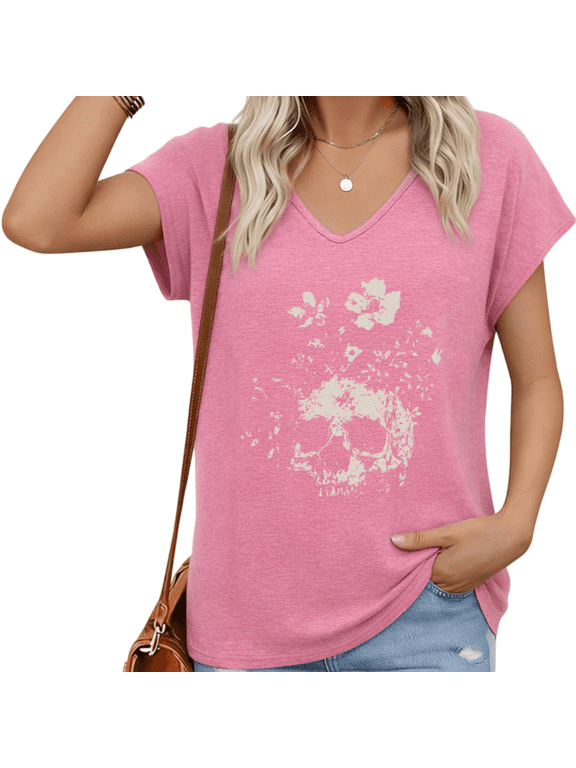 Womens Distressed Skull Floral Print V Neck Top Casual Summer Short Sleeve Tee