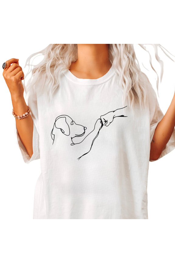 Womens Dog and Owner Handshake Line Art Graphic Short Sleeve Crewneck T-Shirt S-5XL White Tops