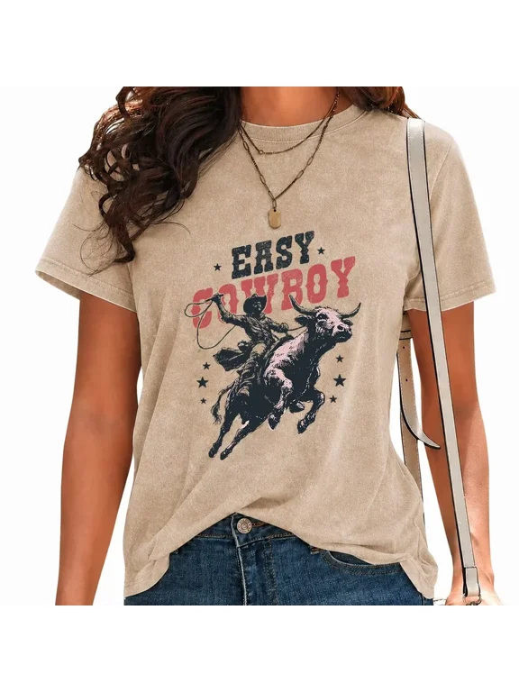 Womens Easy Cowboy Bull Riding Print T Shirts Washed Rodeo Western Graphic Tee Casual Streetwear Tops Brown, 2XL