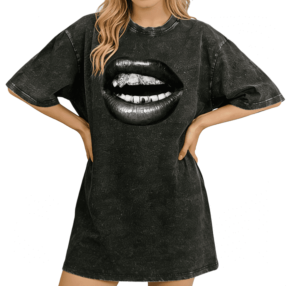 UNISHE Womens Edgy Black Lips Statement Vintage Washed T-Shirt Black S-5XL Tops