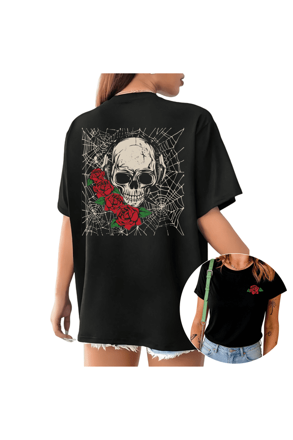 Womens Edgy Skull With Roses And Spider Web Graphic Short Sleeve T-Shirt S-5XL Black Tops