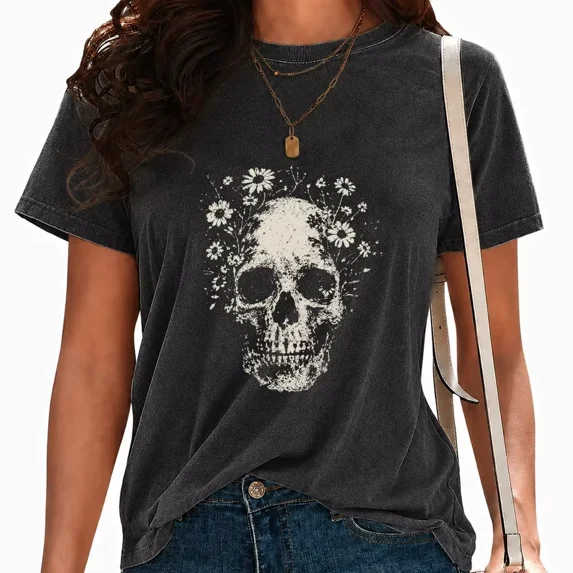 UNISHE Womens Floral Skull Graphic Tees Acid Wash Vintage Wildflower Print T-Shirts Short Sleeve Streetwear Tops Black, S