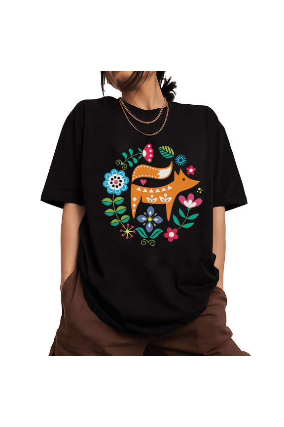 Womens Folk Art Fox with Flowers Graphic Short Sleeve Crewneck T-Shirt S-5XL Black Tops