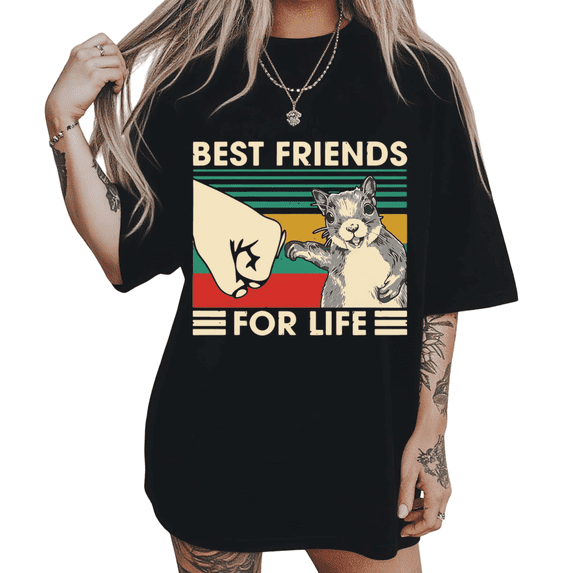 UNISHE Womens Funky Squirrel Friendship Graphic Short Sleeve Crewneck T-Shirt S-5XL Black Tops