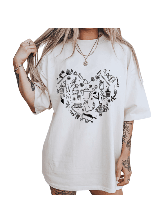 Womens Gardening Enthusiast Heart Tools Statement Graphic Short Sleeve Crewneck T-Shirt S-5XL White Tops