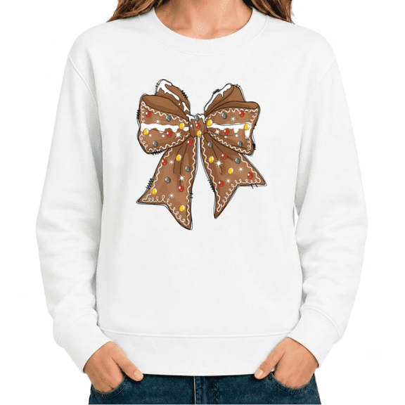UNISHE Womens Gingerbread Bow Holiday Festive Graphic Sweatshirt Winter Aesthetic Long Sleeve Crewneck Pullover Shirt