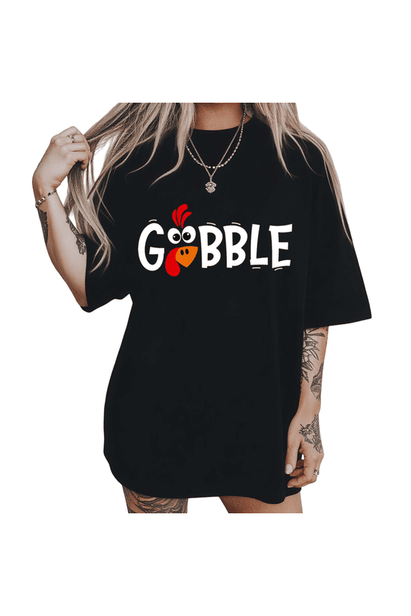 Womens Gobble Turkey Thanksgiving Graphic Short Sleeve Crewneck T-Shirt S-5XL Black Tops