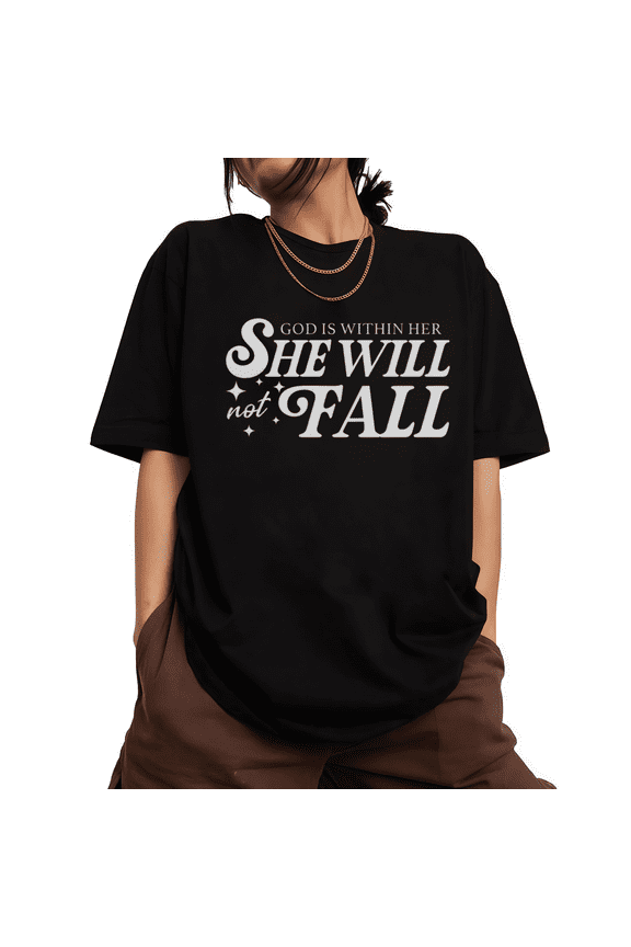 Womens God Is Within Her Christian Quote Graphic Short Sleeve Crewneck T-Shirt S-5XL Black Tops