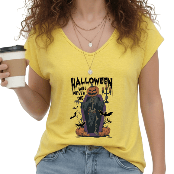 UNISHE Womens Halloween Will Never Die Spooky Graveyard Pumpkin Skeleton Retro Gothic Graphic Top Trendy V Neck Tee Yellow, S