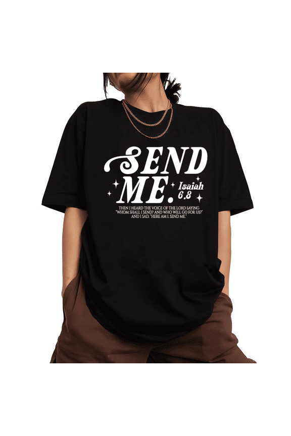 Womens Here Am I Send Me Religious Print Short Sleeve Crewneck T-Shirt S-5XL Black Tops