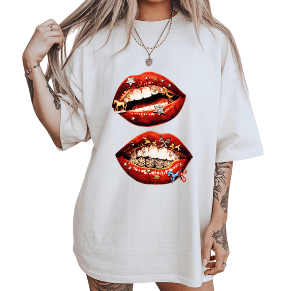 UNISHE Womens Hip Hop Grill Lips Graphic Short Sleeve Crewneck T-Shirt S-5XL White Tops