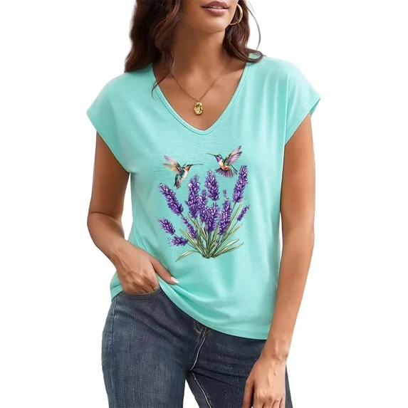 UNISHE Womens Lavender Graphic Tees Botanical Floral Print T-Shirts Sleeveless V Neck Tank Tops Blue, 2XL