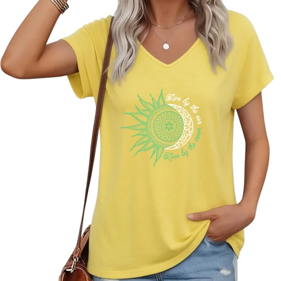 UNISHE Womens Live By Sun Love By Moon V-Neck Tee Relaxed Casual Beach Top