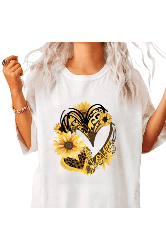Womens Love Script Leopard Heart And Sunflower Graphic Short Sleeve T-Shirt S-5XL White Tops