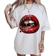 thumbnail image 1 of UNISHE Womens Luxe Rhinestone Lips Graphic Short Sleeve Crewneck T-Shirt S-5XL White Tops, 1 of 5
