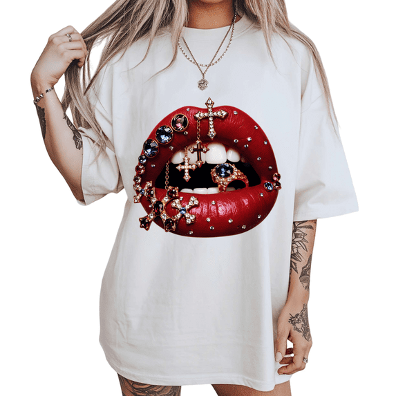 UNISHE Womens Luxe Rhinestone Lips Graphic Short Sleeve Crewneck T-Shirt S-5XL White Tops