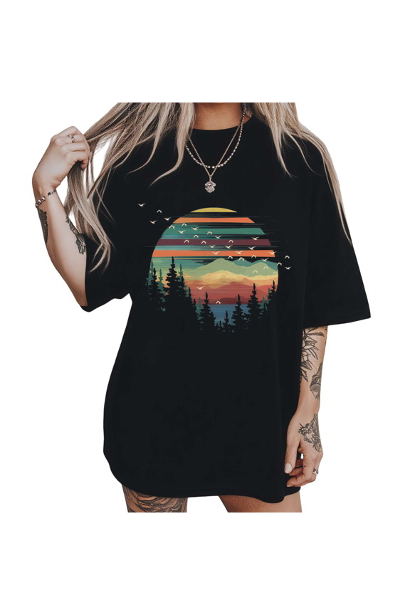 Womens Mountain Sunset Forest Graphic Short Sleeve Crewneck T-Shirt S-5XL Black Tops