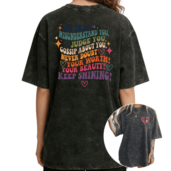 UNISHE Womens Multicolor Stacked Letter Quote Vintage Washed T-Shirt Black S-5XL Tops