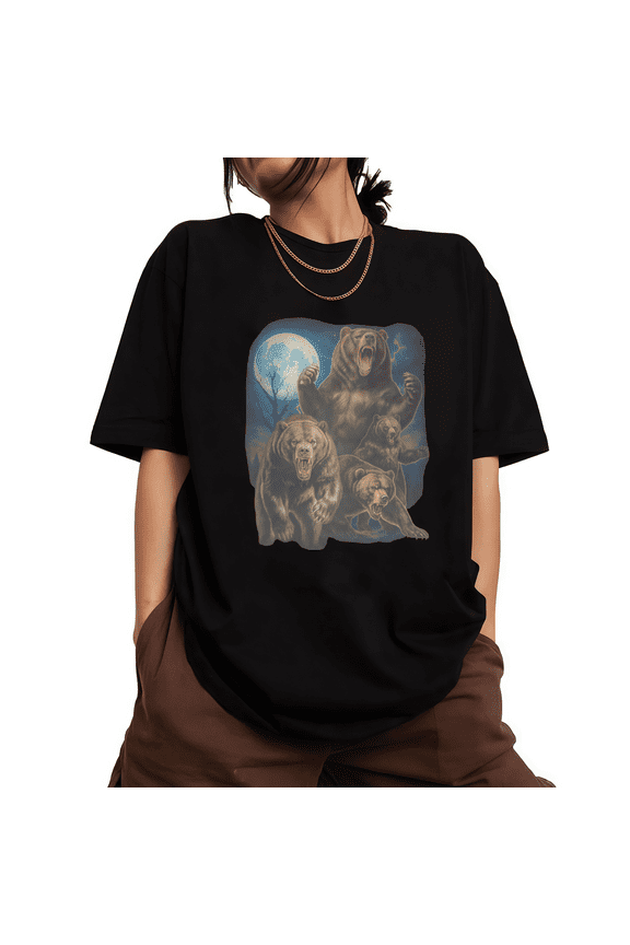 Womens Night Moon Grizzly Bear Roar Graphic Short Sleeve Crewneck T-Shirt S-5XL Black Tops